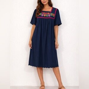 Go Softly Patio Embroidered Navy Scalloped Hem Dress Size S Boho Cottagecore